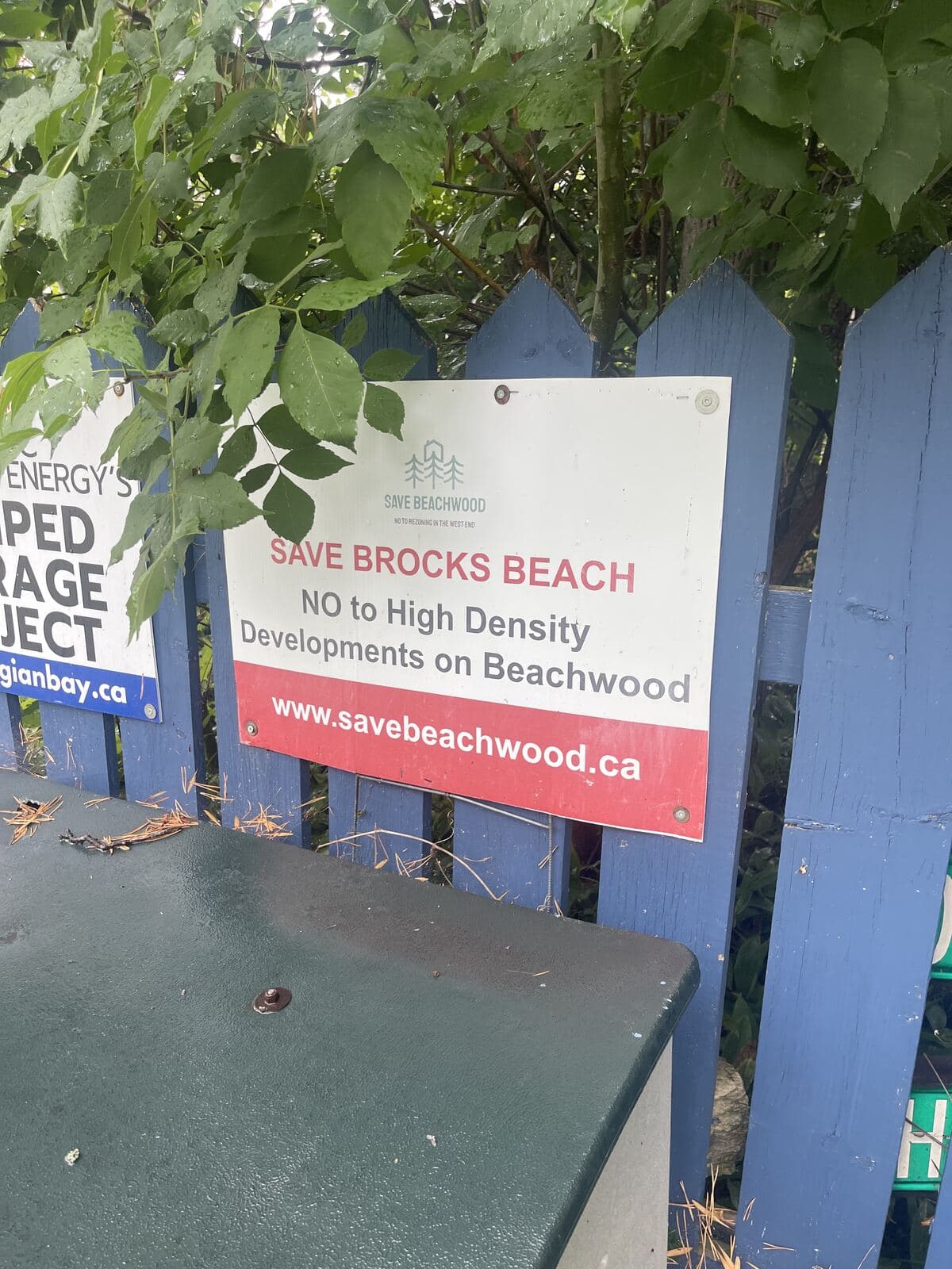 A Save Beachwood sign reading Save Brocks Beach, no to high density developments on Beachwood.